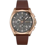 Hugo Boss Grandmaster 1513882 men's chronograph watch with a grey sunburst dial and brown leather strap.