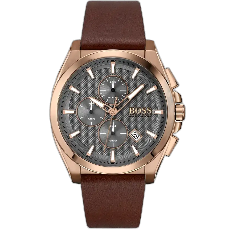 Hugo Boss Grandmaster 1513882 men's chronograph watch with a grey sunburst dial and brown leather strap.