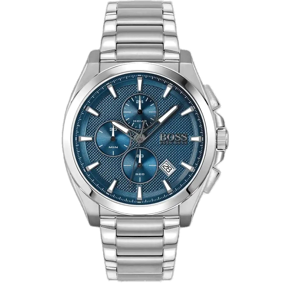 ساعة هوجو بوس جراند ماستر 1513884 رجالية كرونوغراف، بمينا أزرق إشعاع شمسي وسوار ستانلس ستيل فضي.