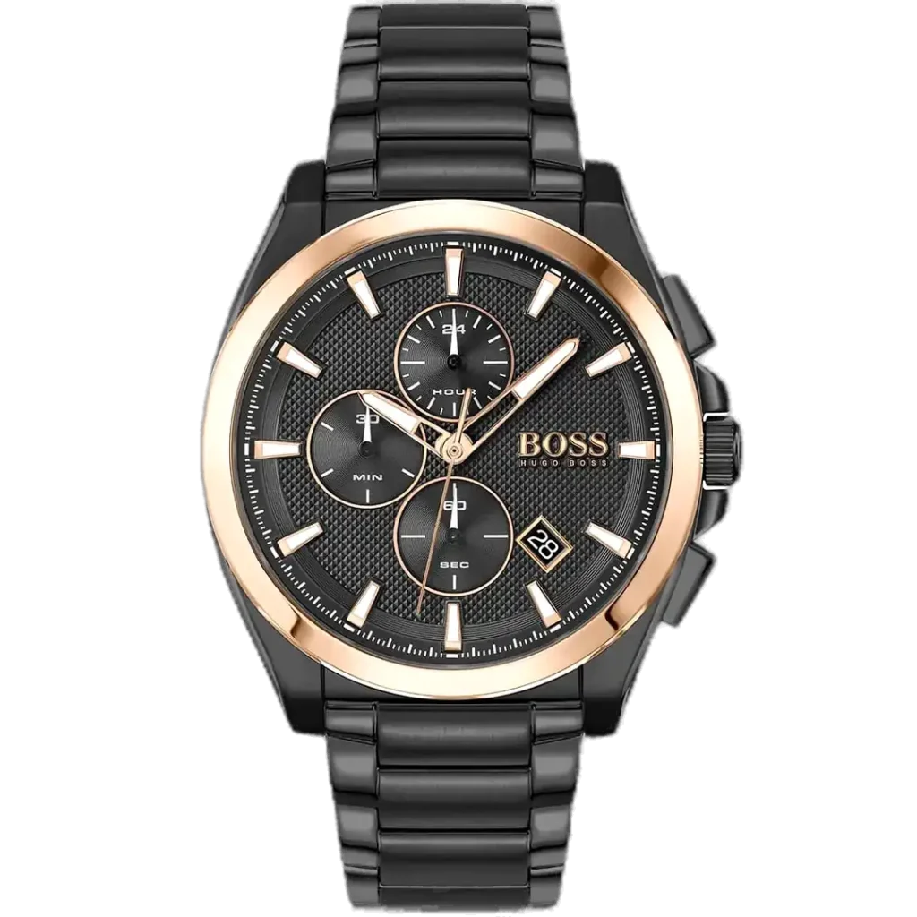 Hugo Boss Grandmaster 1513885 men's chronograph watch with a black sunburst dial and black stainless steel bracelet.