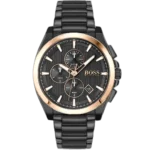 Hugo Boss Grandmaster 1513885 men's chronograph watch with a black sunburst dial and black stainless steel bracelet.