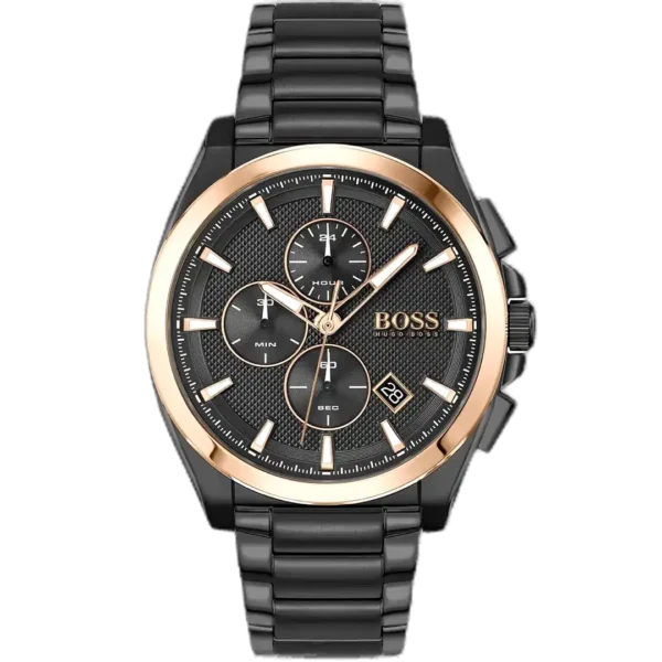 Hugo Boss Grandmaster 1513885 men's chronograph watch with a black sunburst dial and black stainless steel bracelet.