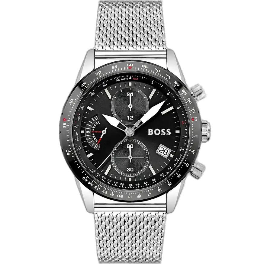 ساعة هوجو بوس بايلوت اديشن 1513886 رجالية كرونوغراف، بمينا أسود إشعاع شمسي وعقارب ومؤشرات فضية مضيئة، ثلاثة عدادات فرعية، إطار تاخيميتر، و سوار ستانلس ستيل فضي مصقول مع قفل دفعة الزر.