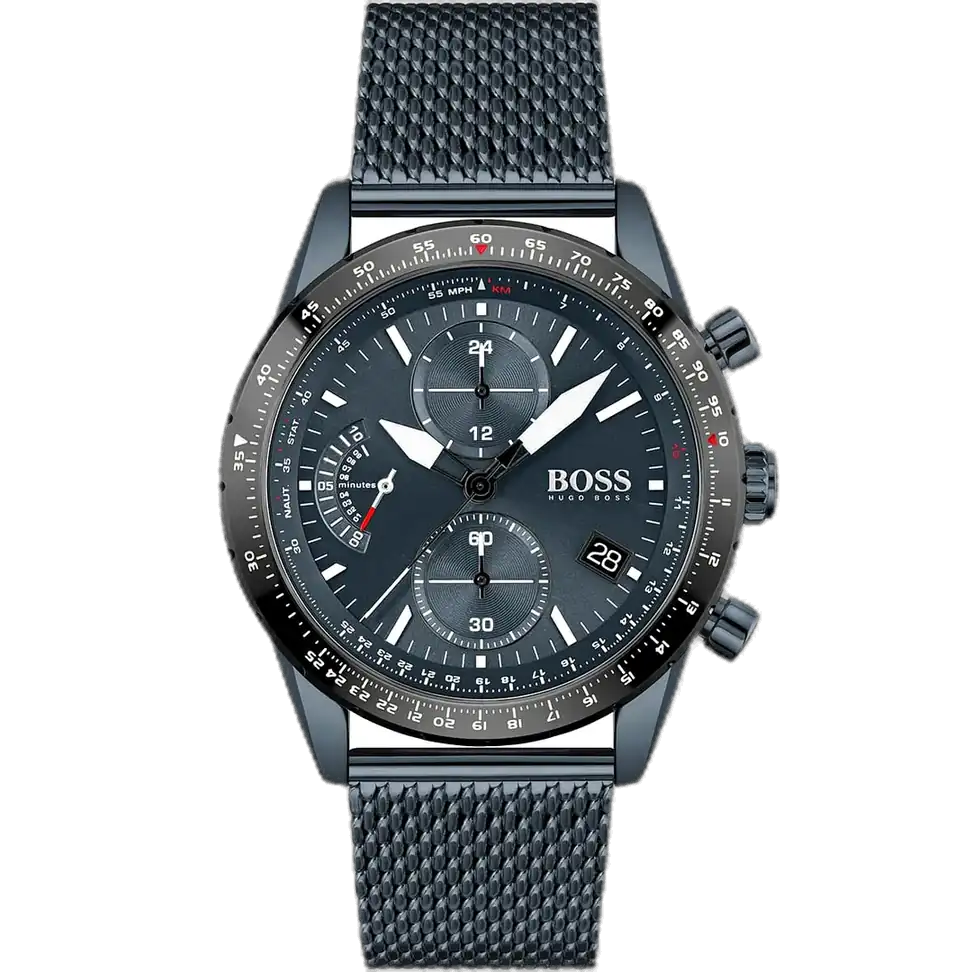 ساعة هوجو بوس بايلوت اديشن 1513887 رجالية كرونوغراف، بمينا أزرق إشعاع شمسي وعقارب ومؤشرات فضية مضيئة، ثلاثة عدادات فرعية، إطار تاخيميتر، وسوار ستانلس ستيل أزرق مع قفل دفعة الزر.