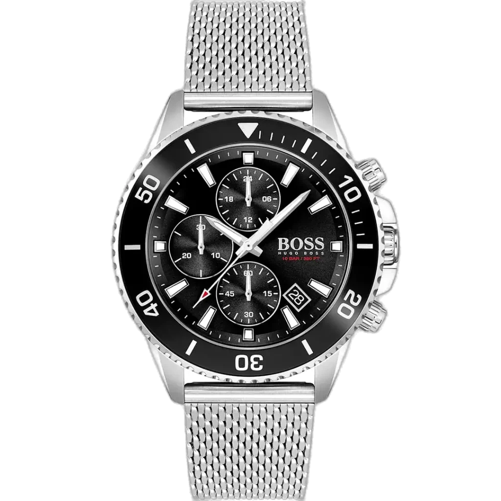 Hugo Boss Admiral 1513904 men's chronograph watch with a striking black sunburst dial, luminous silver hands and markers, three sub-dials, tachymeter bezel, date window at 4:30, and polished silver stainless steel bracelet with push-button deployment clasp.