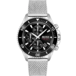 Hugo Boss Admiral 1513904 men's chronograph watch with a striking black sunburst dial, luminous silver hands and markers, three sub-dials, tachymeter bezel, date window at 4:30, and polished silver stainless steel bracelet with push-button deployment clasp.
