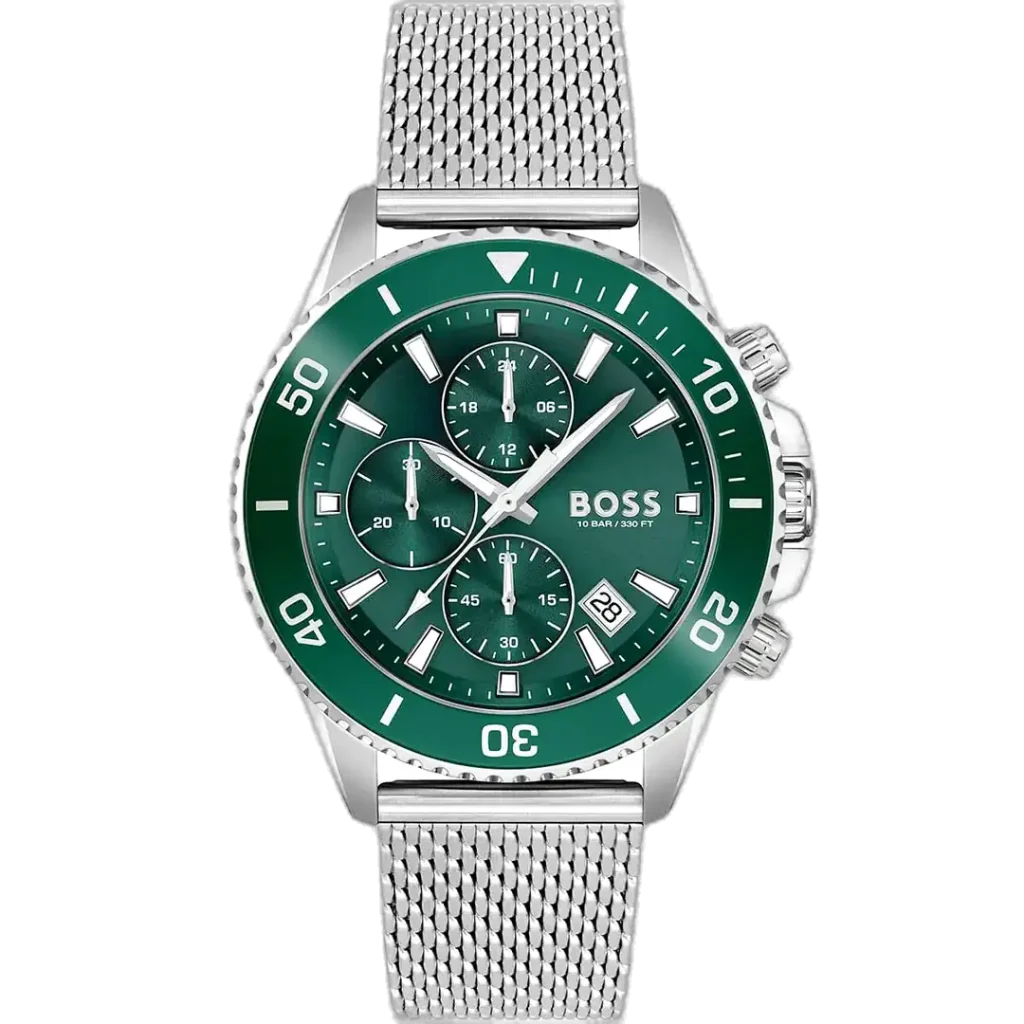 Hugo Boss Admiral 1513905 men's chronograph watch with a vibrant green sunburst dial, luminous silver hands and markers, three sub-dials, tachymeter bezel, date window at 4:30, and polished silver stainless steel bracelet with push-button deployment clasp.