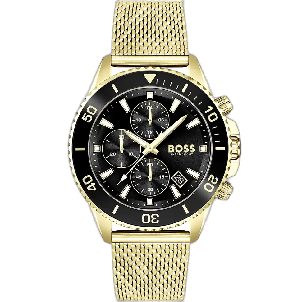 Hugo Boss Admiral 1513906 men's chronograph watch with a striking black sunburst dial, luminous gold-tone hands and markers, three sub-dials, tachymeter bezel, date window at 4:30, and luxurious gold-tone stainless steel bracelet with push-button deployment clasp.