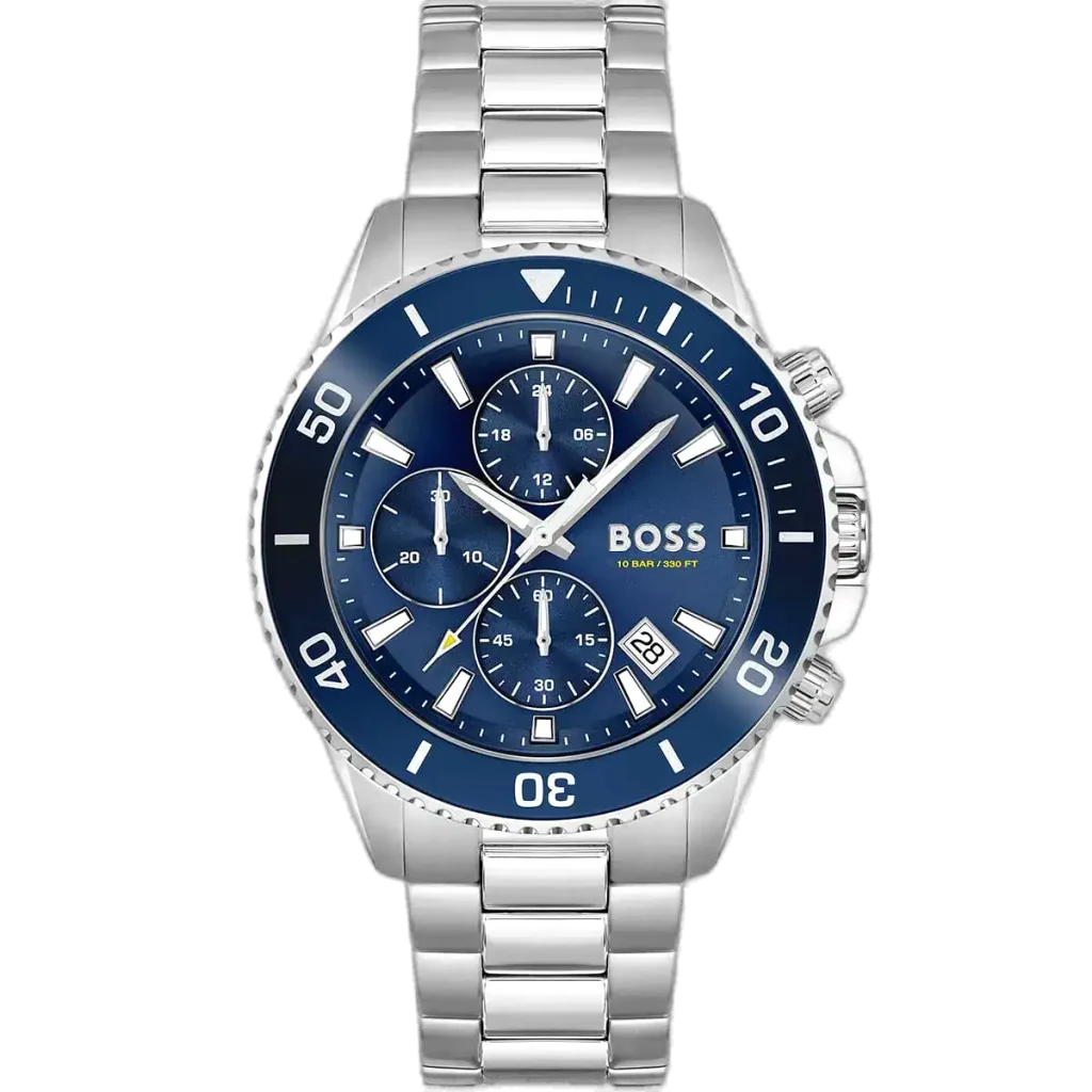 Hugo Boss Admiral 1513907 men's chronograph watch with a vibrant blue sunburst dial, luminous silver hands and markers, three sub-dials, tachymeter bezel, date window at 4:30, and polished silver stainless steel bracelet with push-button deployment clasp.