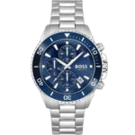 Hugo Boss Admiral 1513907 men's chronograph watch with a vibrant blue sunburst dial, luminous silver hands and markers, three sub-dials, tachymeter bezel, date window at 4:30, and polished silver stainless steel bracelet with push-button deployment clasp.