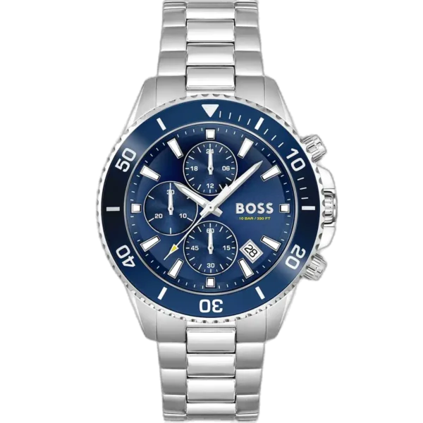 Hugo Boss Admiral 1513907 men's chronograph watch with a vibrant blue sunburst dial, luminous silver hands and markers, three sub-dials, tachymeter bezel, date window at 4:30, and polished silver stainless steel bracelet with push-button deployment clasp.