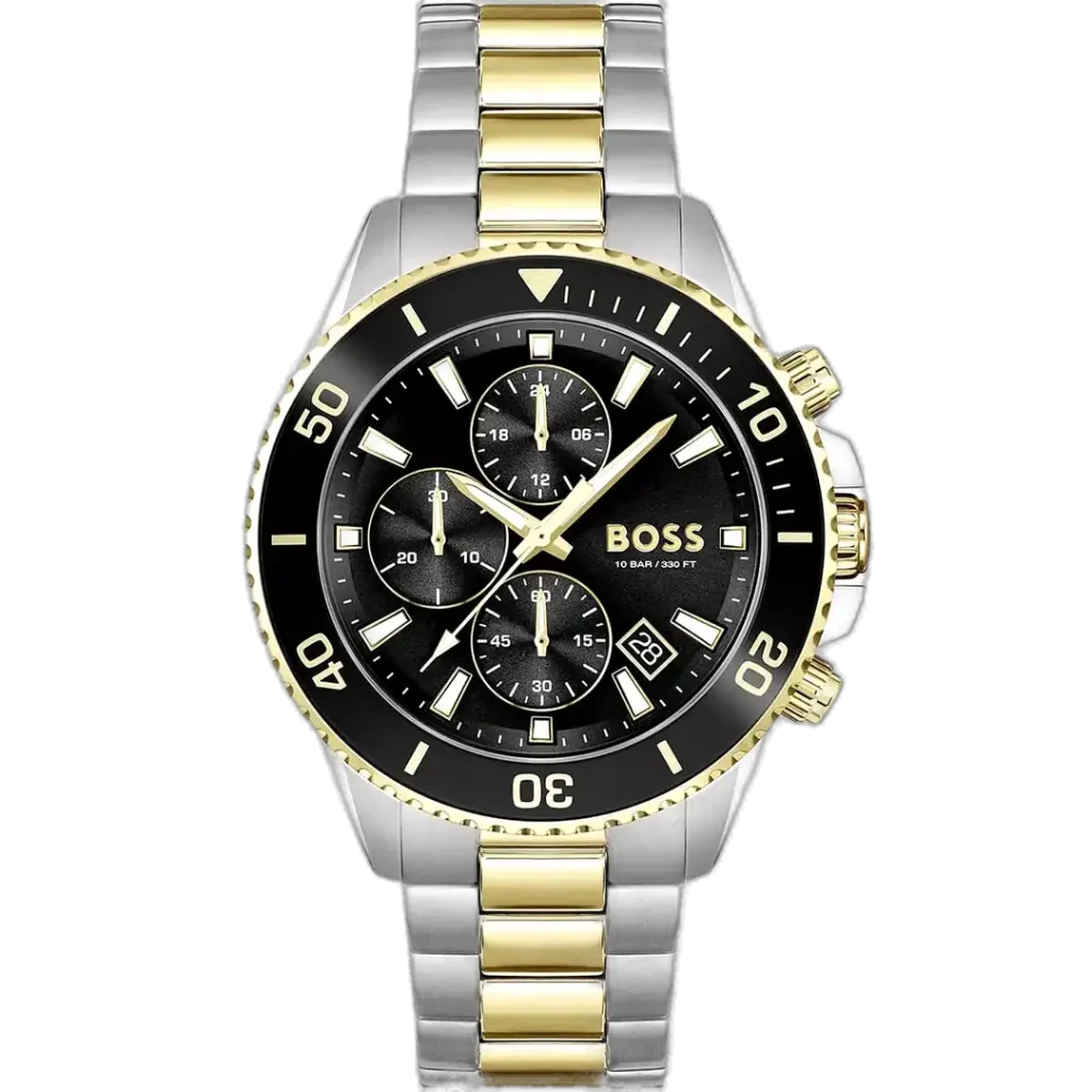 Hugo Boss Admiral 1513908 men's chronograph watch with a striking black sunburst dial, luminous gold-tone hands and markers, three sub-dials, tachymeter bezel, date window at 4:30, and luxurious two-tone silver and gold-tone stainless steel bracelet with push-button deployment clasp.