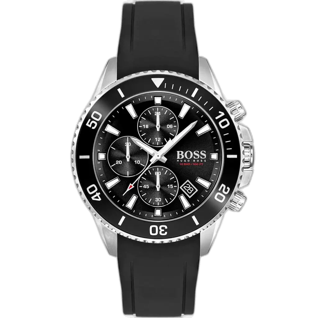 Hugo Boss Admiral 1513912 men's chronograph watch with a striking black sunburst dial, luminous silver hands and markers, three sub-dials, tachymeter bezel, date window at 4:30, and durable black silicone strap with stainless steel pin buckle.