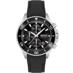 Hugo Boss Admiral 1513912 men's chronograph watch with a striking black sunburst dial, luminous silver hands and markers, three sub-dials, tachymeter bezel, date window at 4:30, and durable black silicone strap with stainless steel pin buckle.