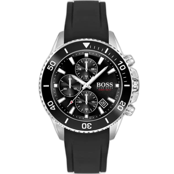 Hugo Boss Admiral 1513912 men's chronograph watch with a striking black sunburst dial, luminous silver hands and markers, three sub-dials, tachymeter bezel, date window at 4:30, and durable black silicone strap with stainless steel pin buckle.