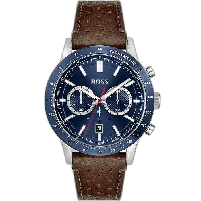 Hugo Boss Allure 1513921 men's chronograph watch with blue sunburst dial, luminous silver hands, three sub-dials, tachymeter bezel, brown leather strap.