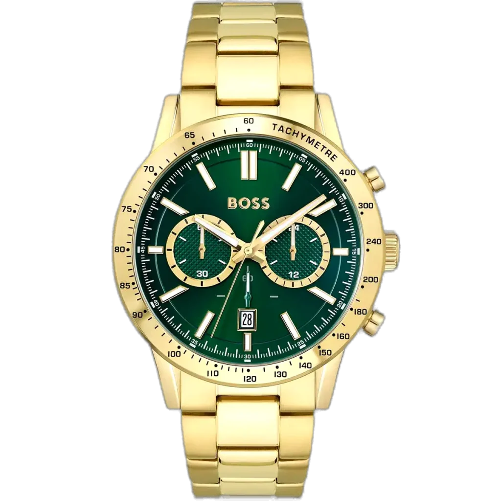 Hugo Boss Allure 1513923 men's chronograph watch with a vibrant green sunburst dial, luminous gold-tone hands and markers, three sub-dials, tachymeter bezel, date window at 4:30, and gold-tone stainless steel bracelet with push-button deployment clasp.