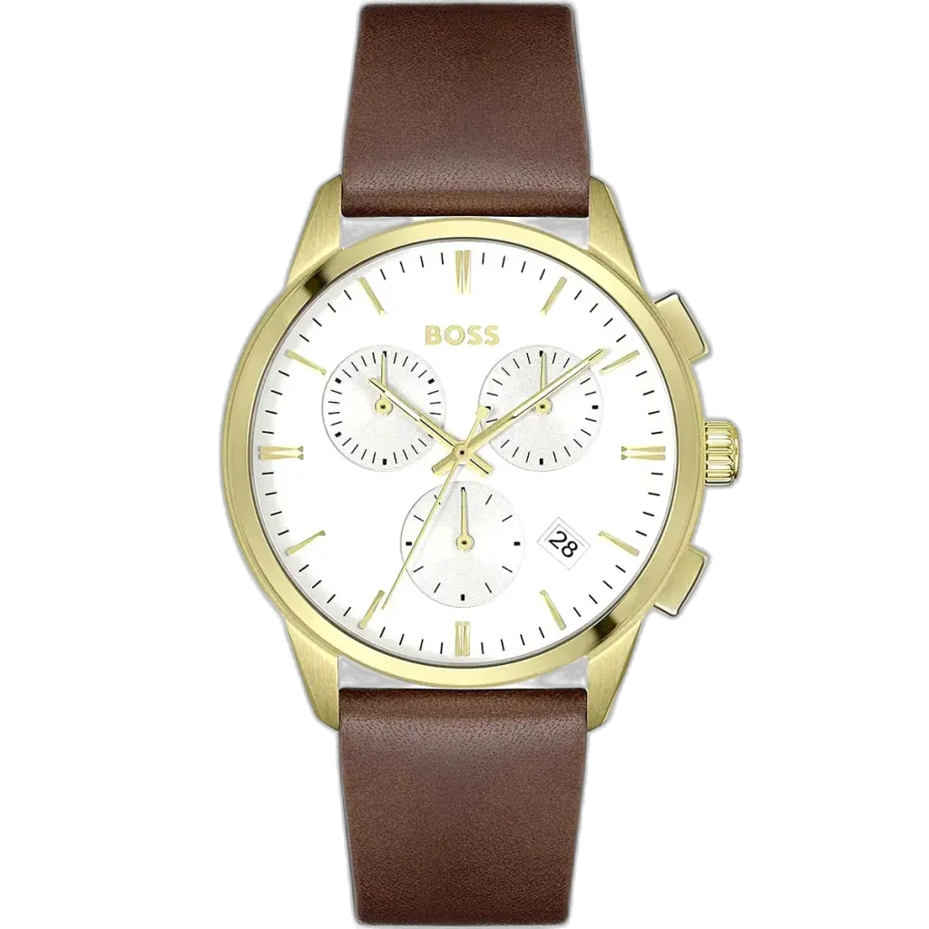 Hugo Boss Dapper 1513926 men's chronograph watch with white dial, luminous silver hands, three sub-dials, tachymeter bezel, brown leather strap.