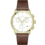 Hugo Boss Dapper 1513926 men's chronograph watch with white dial, luminous silver hands, three sub-dials, tachymeter bezel, brown leather strap.