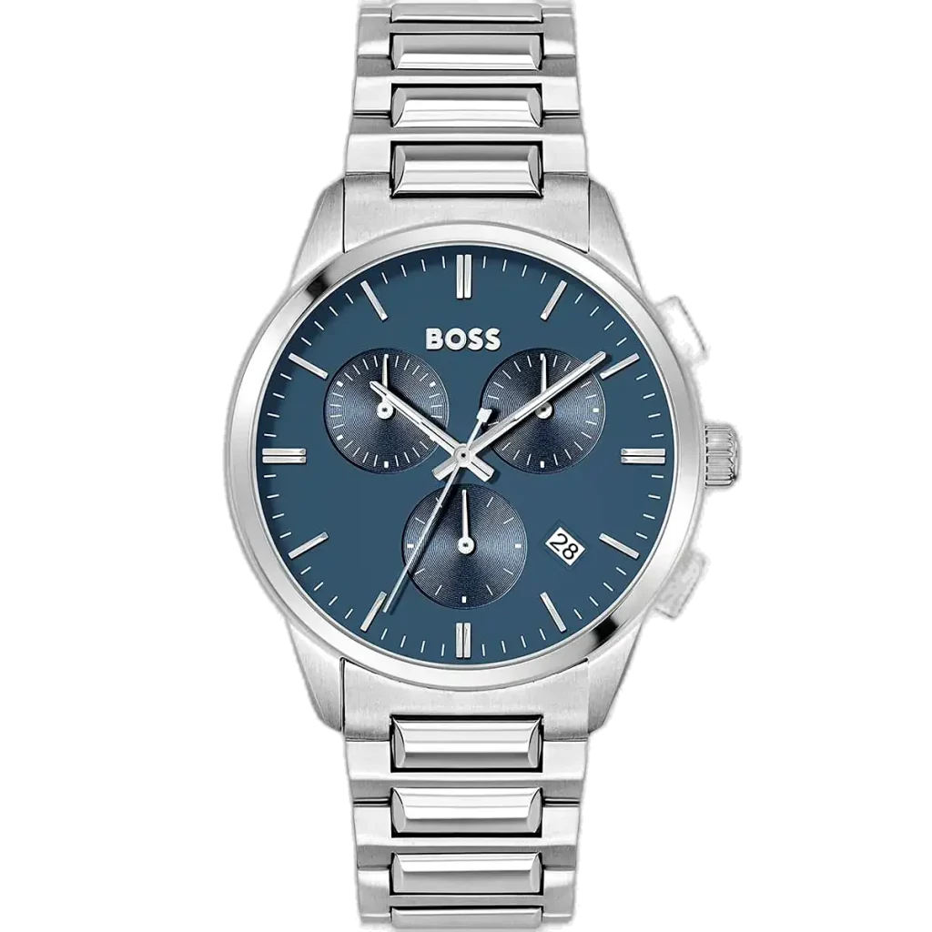 ساعة هوجو بوس دابر 1513927 رجالية كرونوغراف، بمينا أزرق إشعاع شمسي وعقارب ومؤشرات فضية مضيئة، ثلاثة عدادات فرعية، إطار تاخيميتر، نافذة تاريخ عند 4:30، وسوار ستانلس ستيل فضي فاخر مع قفل دفعة الزر.