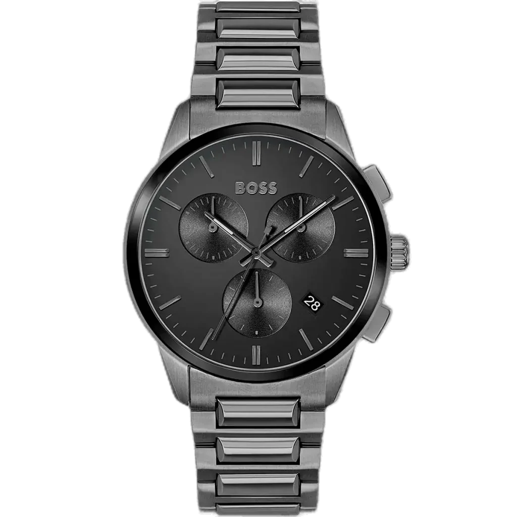 Hugo Boss Dapper 1513929 men's chronograph watch with black sunburst dial, luminous silver hands, three sub-dials, tachymeter bezel, grey stainless steel bracelet.