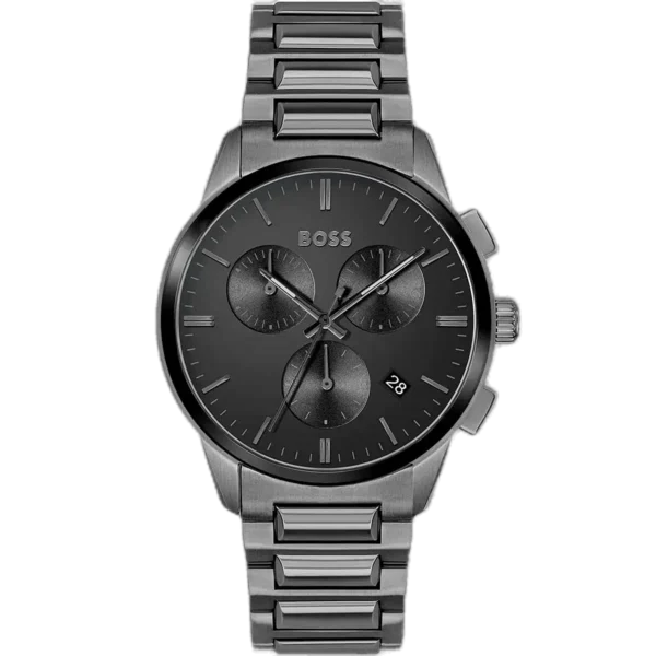 Hugo Boss Dapper 1513929 men's chronograph watch with black sunburst dial, luminous silver hands, three sub-dials, tachymeter bezel, grey stainless steel bracelet.