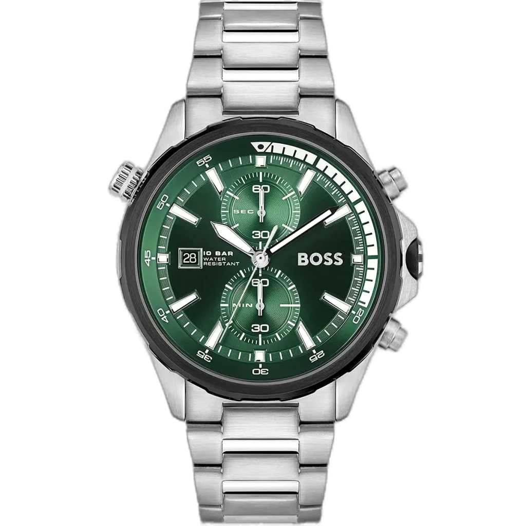 Hugo Boss Globetrotter 1513930 men's chronograph watch with a unique green and black sunburst dial, luminous silver hands and markers, three sub-dials, tachymeter bezel, date window at 4:30, and polished silver stainless steel bracelet with push-button deployment clasp.