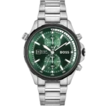 Hugo Boss Globetrotter 1513930 men's chronograph watch with a unique green and black sunburst dial, luminous silver hands and markers, three sub-dials, tachymeter bezel, date window at 4:30, and polished silver stainless steel bracelet with push-button deployment clasp.