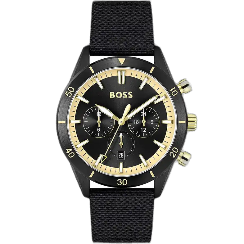 Hugo Boss Santiago 1513935 men's chronograph watch with black sunburst dial, luminous silver hands, three sub-dials, tachymeter bezel, black synthetic fiber strap.