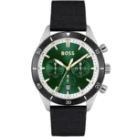 Hugo Boss Santiago 1513935 men's chronograph watch with black sunburst dial, luminous silver hands, three sub-dials, tachymeter bezel, black synthetic fiber strap.