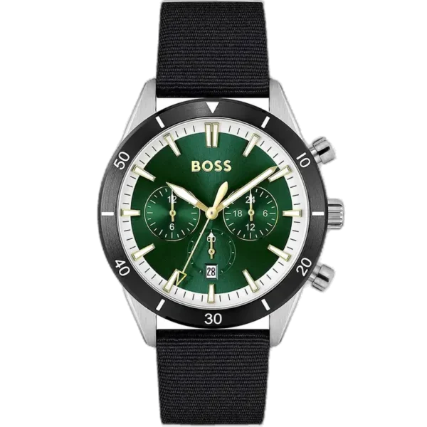 Hugo Boss Santiago 1513935 men's chronograph watch with black sunburst dial, luminous silver hands, three sub-dials, tachymeter bezel, black synthetic fiber strap.