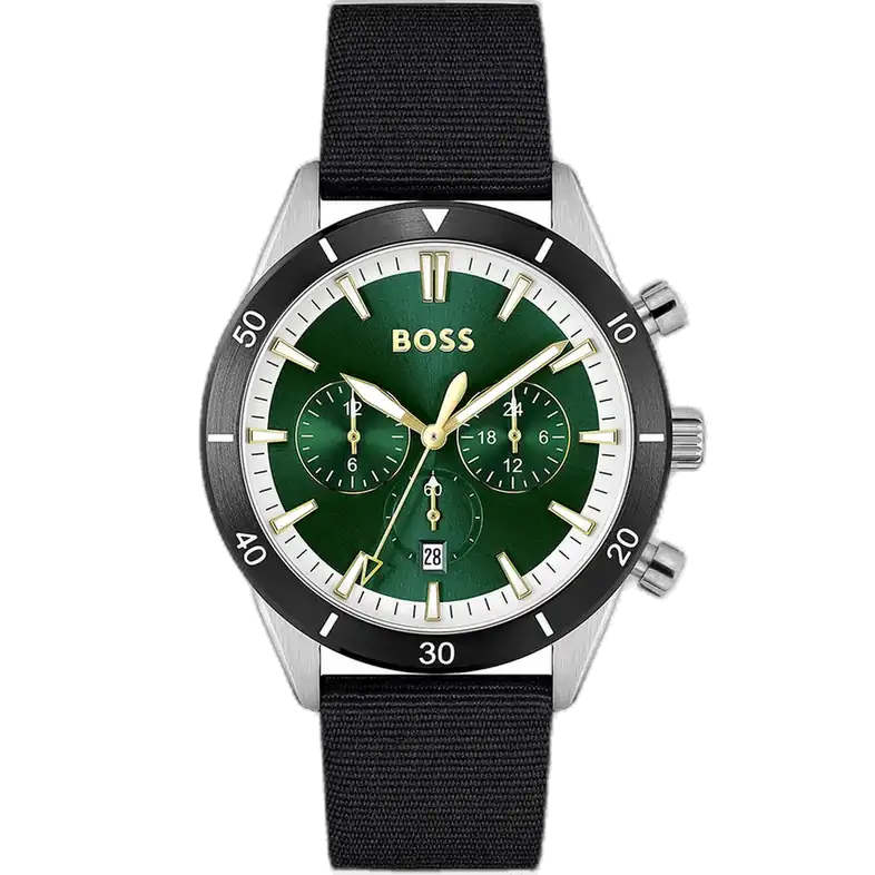 Hugo Boss Santiago 1513935 men's chronograph watch with black sunburst dial, luminous silver hands, three sub-dials, tachymeter bezel, black synthetic fiber strap.
