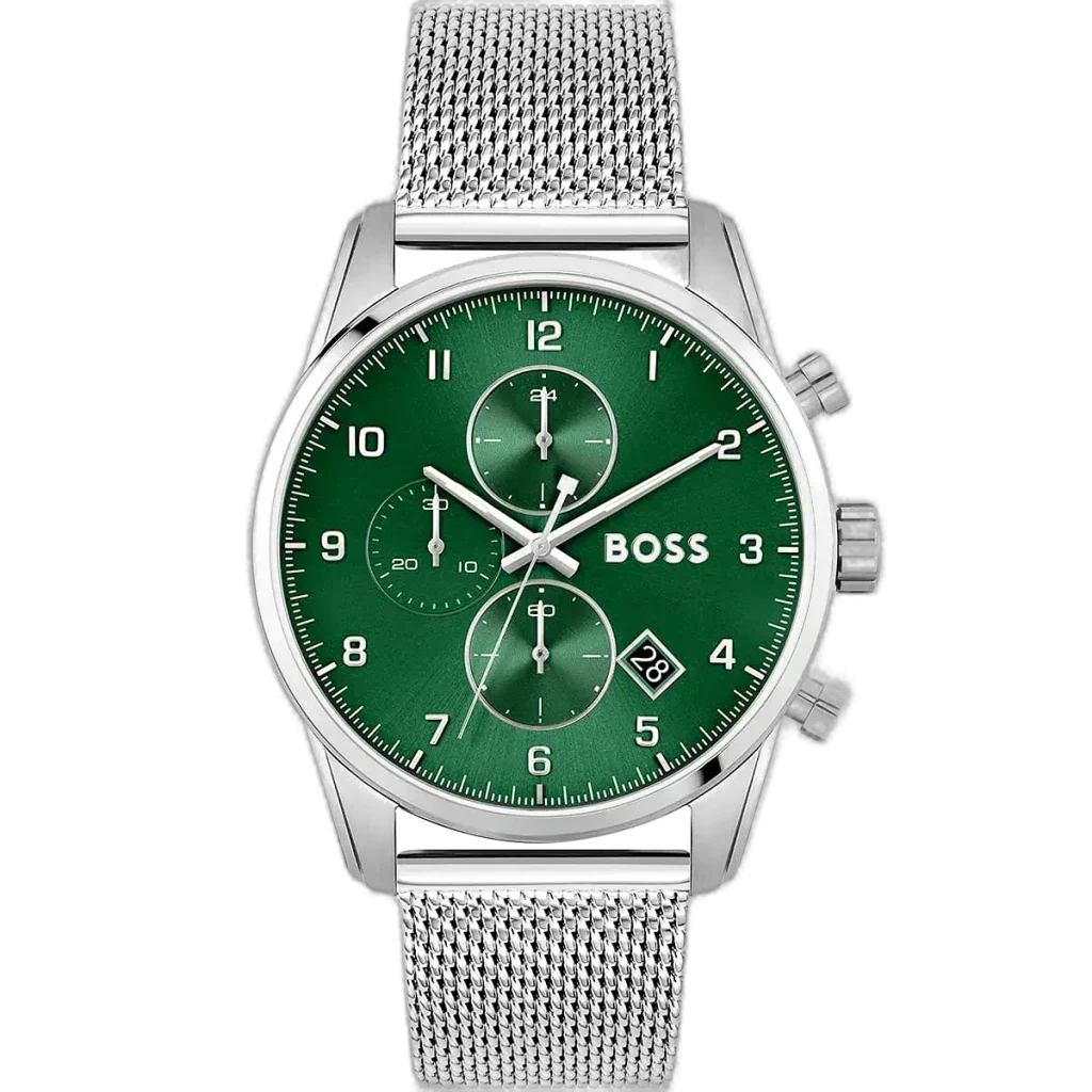 ساعة هوجو بوس سكاي ماستر 1513938 رجالية كرونوغراف، بمينا أخضر إشعاع شمسي وعقارب ومؤشرات فضية مضيئة، ثلاثة عدادات فرعية، إطار تاخيميتر، نافذة تاريخ عند 4:30، وسوار ستانلس ستيل فضي فاخر مع قفل دفعة الزر.