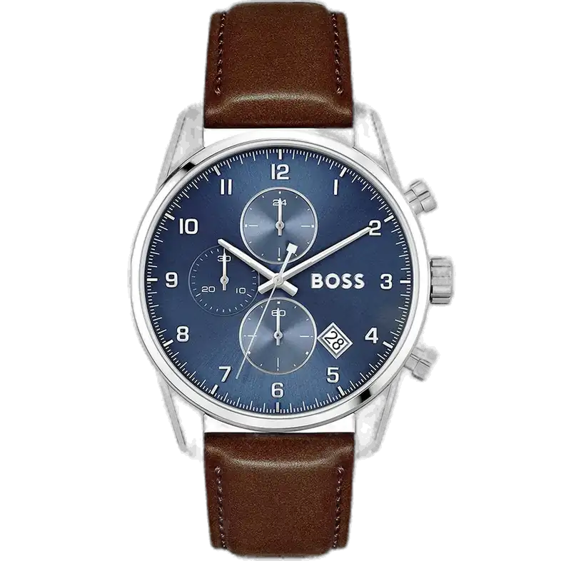 Hugo Boss Skymaster 1513940 men's chronograph watch with blue sunburst dial, luminous silver hands, three sub-dials, tachymeter bezel, brown leather strap.