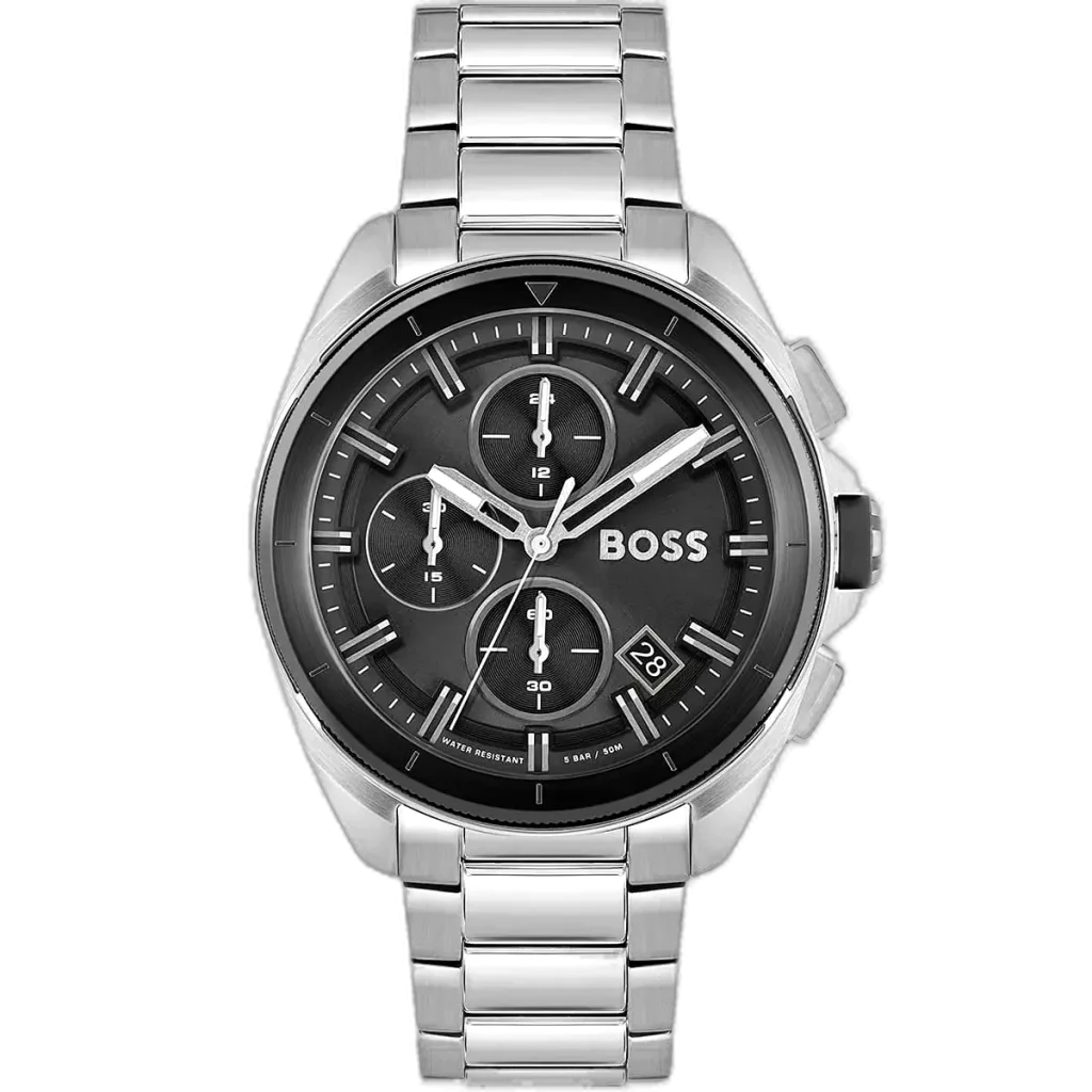 ساعة هوجو بوس فولان 1513949 رجالية كرونوغراف، بمينا أسود إشعاع شمسي وعقارب ومؤشرات فضية مضيئة، ثلاثة عدادات فرعية، إطار تاخيميتر، نافذة تاريخ عند 4:30، وسوار ستانلس ستيل فضي فاخر مع قفل دفعة الزر.