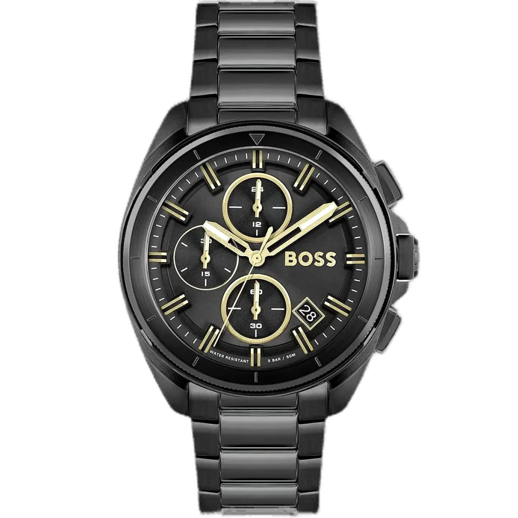 ساعة هوجو بوس فولان 1513950 رجالية كرونوغراف، بمينا أسود إشعاع شمسي وعقارب ومؤشرات فضية مضيئة، ثلاثة عدادات فرعية، إطار تاخيميتر، نافذة تاريخ عند 4:30، وسوار ستانلس ستيل أسود فاخر مع قفل دفعة الزر.
