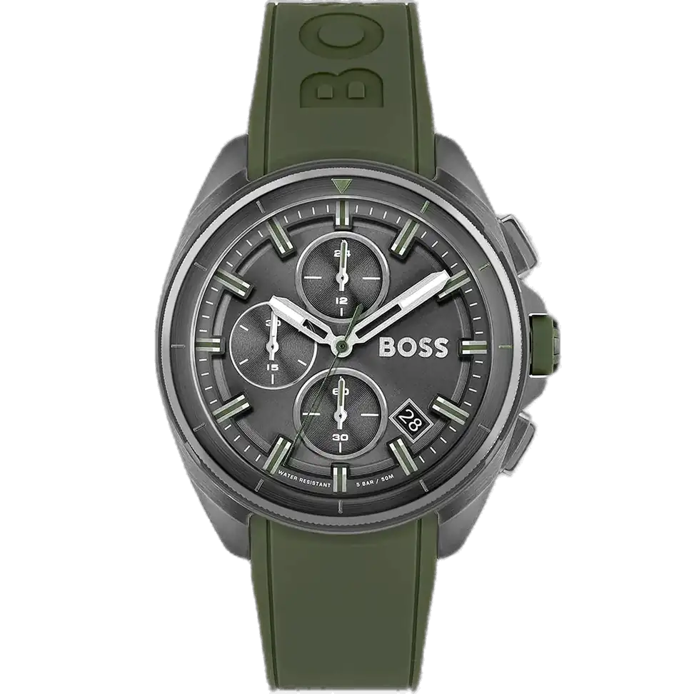 ساعة هوجو بوس فولان 1513952 رجالية كرونوغراف بمينا رمادية، عقارب فضية مضيئة، ثلاثة عدادات، إطار تاخيميتر، سوار سيليكون أخضر.