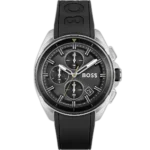 Hugo Boss Volane 1513957 men's chronograph watch with a bold black sunburst dial, luminous silver hands and markers, three sub-dials, tachymeter bezel, date window at 4:30, and vibrant orange silicone strap with stainless steel pin buckle.