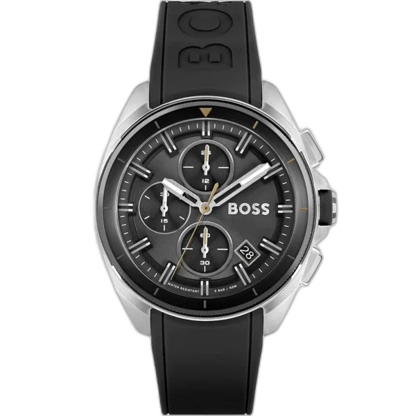 Hugo Boss Volane 1513957 men's chronograph watch with a bold black sunburst dial, luminous silver hands and markers, three sub-dials, tachymeter bezel, date window at 4:30, and vibrant orange silicone strap with stainless steel pin buckle.