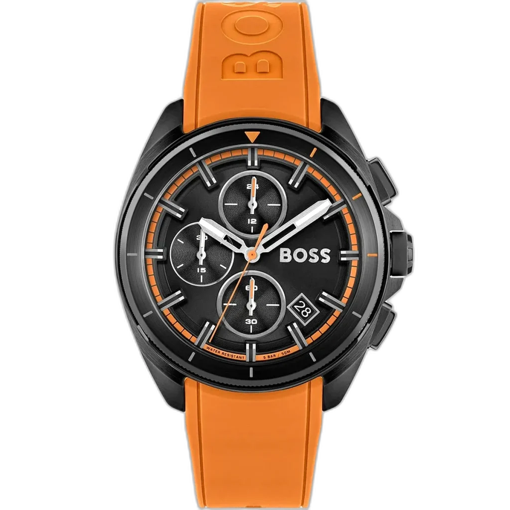 ساعة هوجو بوس فولان 1513957 رجالية كرونوغراف، بمينا أسود إشعاع شمسي وعقارب ومؤشرات فضية مضيئة، ثلاثة عدادات فرعية، إطار تاخيميتر، نافذة تاريخ عند 4:30، وسوار سيليكون برتقالي نابض بالحياة مع إبزيم دبوس من الستانلس ستيل.