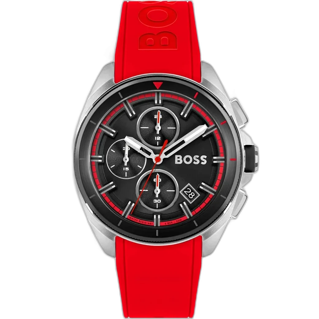 ساعة هوجو بوس فولان 1513959 رجالية كرونوغراف، بمينا أسود إشعاع شمسي وعقارب ومؤشرات فضية مضيئة، ثلاثة عدادات فرعية، إطار تاخيميتر، نافذة تاريخ عند 4:30، وسوار سيليكون أحمر نابض بالحياة مع إبزيم دبوس من الستانلس ستيل.