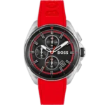 Hugo Boss Volane 1513959 men's chronograph watch with a bold black sunburst dial, luminous silver hands and markers, three sub-dials, tachymeter bezel, date window at 4:30, and vibrant red silicone strap with stainless steel pin buckle.