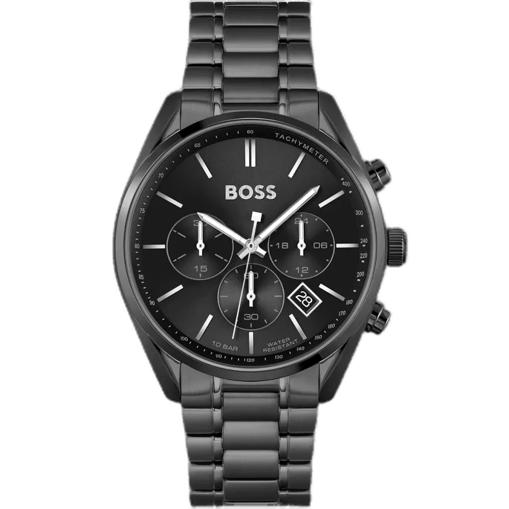 ساعة هوجو بوس شامبيون 1513960 رجالية كرونوغراف، بمينا أسود إشعاع شمسي وعقارب ومؤشرات فضية مضيئة، ثلاثة عدادات فرعية، إطار تاخيميتر، نافذة تاريخ عند 4:30، وسوار ستانلس ستيل أسود فاخر مع قفل دفعة الزر.