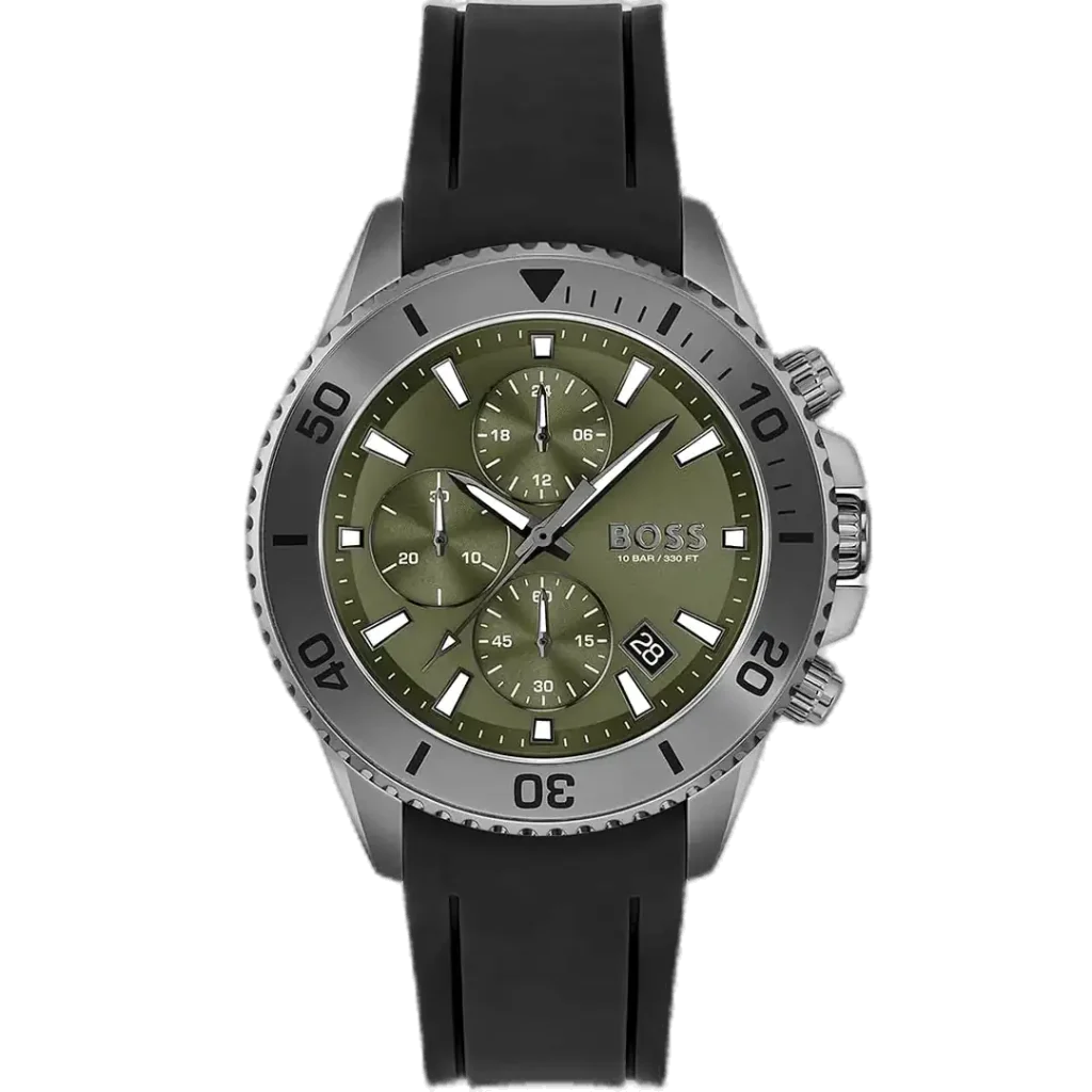 Hugo Boss Admiral 1513967 men's chronograph watch with green sunburst dial, luminous silver hands, three sub-dials, tachymeter bezel, black silicone strap.
