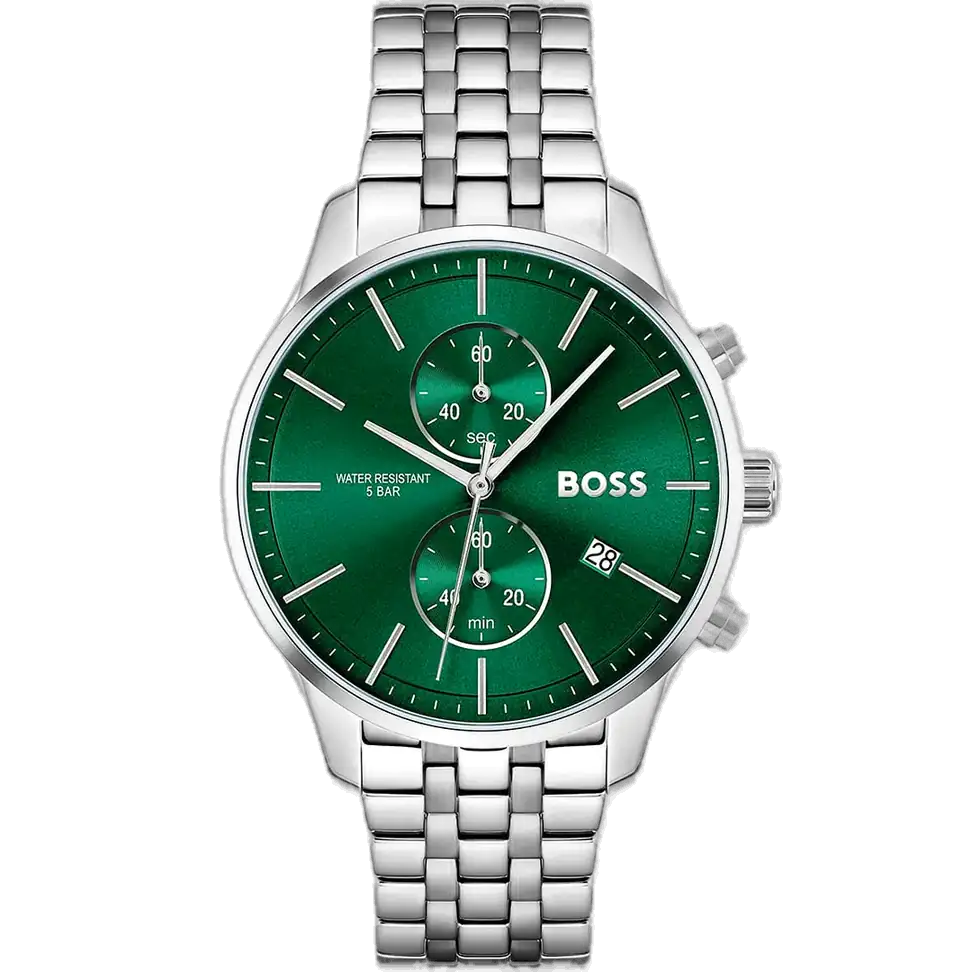 Hugo Boss Associate 1513975 men's chronograph watch with green sunburst dial, luminous silver hands, three sub-dials, tachymeter bezel, silver stainless steel bracelet.