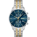 Hugo Boss Associate 1513976 men's chronograph watch with blue sunburst dial, luminous silver hands, three sub-dials, tachymeter bezel, two-tone silver gold bracelet.