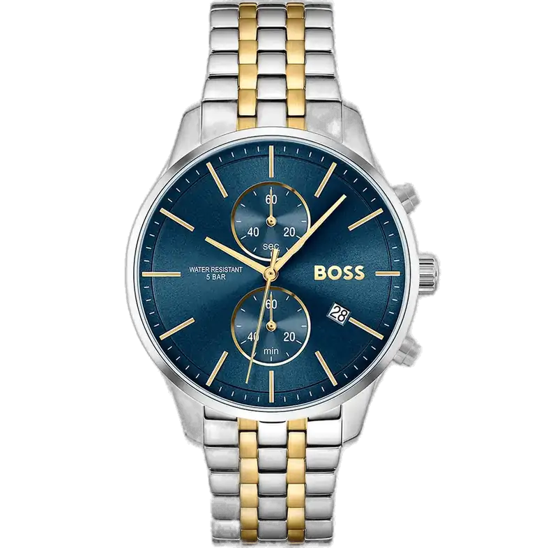 Hugo Boss Associate 1513976 men's chronograph watch with blue sunburst dial, luminous silver hands, three sub-dials, tachymeter bezel, two-tone silver gold bracelet.