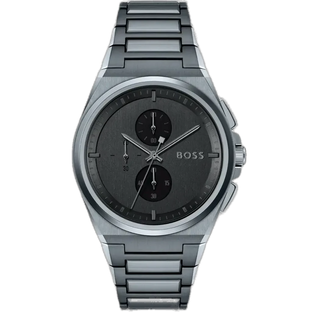 "Hugo Boss Steer 1513996 men's chronograph watch with a grey dial and a grey stainless steel strap."