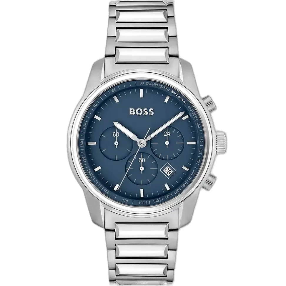 ساعة هوجو بوس تريس 1514007 كرونوغراف للرجال، بمينا زرقاء وسوار من الستانلس ستيل الفضي.