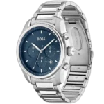 Hugo Boss Trace 1514007 men's chronograph watch with a blue dial and a silver stainless steel strap.